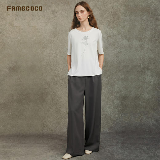 Famecoco范可儿高级感气质印花短袖天丝棉圆领T恤上衣FAC6BB006 商品图4