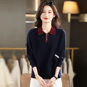 QF 105-1257翻领针织衫拼色宽松休闲毛衣