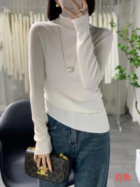 伯妮斯茵 | 温柔百搭 高领羊毛打底衫 细坑条肌理 修身显瘦 日常内搭款 SZ3E18 -  白色针织衫