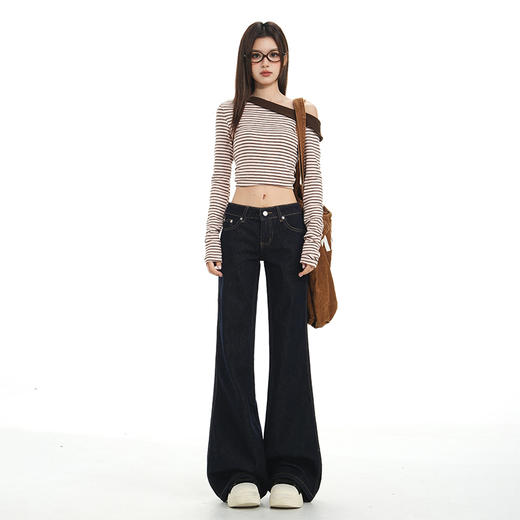 罗蒙春秋款女士深蓝原色牛仔裤低腰微喇美式复古宽松显瘦百搭拖地长裤 商品图1