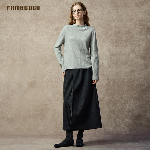 Famecoco新中式改良盘扣显瘦压褶A字毛呢高级感半身裙FAC8HA022 商品图4