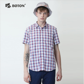 波顿夏日经典英伦男士短袖格子衬衫时尚潮流休闲修身红蓝色MS867220