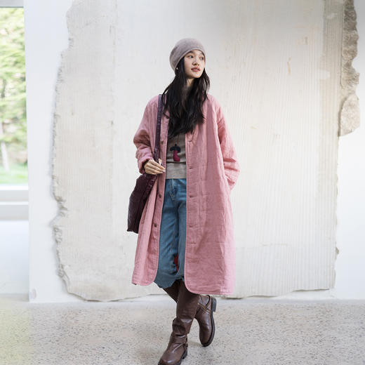 绽放682朵/情书3.0·麻棉肌理感夹棉长款棉服外套女冬新款棉衣 商品图3