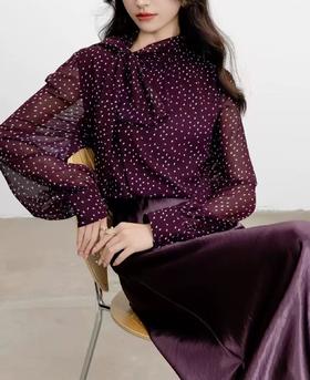 SZ3F53_魏紫色_衬衫_春秋_飘带蝴蝶结长袖波点印花垂感雪纺_高级女装_BERNIEELEN 伯妮斯茵