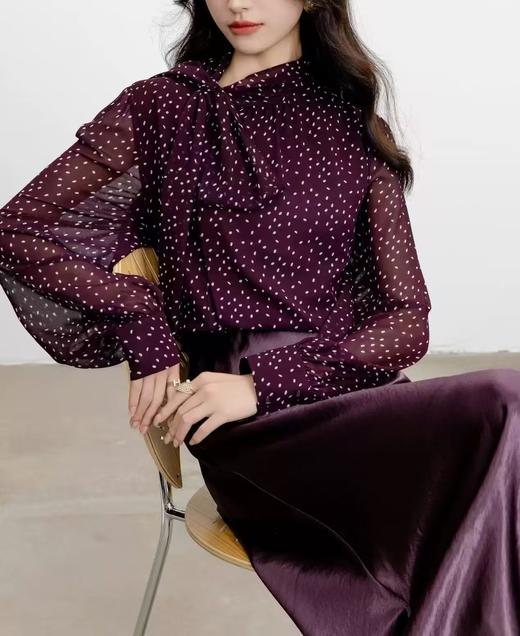SZ3F53_魏紫色_衬衫_春秋_飘带蝴蝶结长袖波点印花垂感雪纺_高级女装_BERNIEELEN 伯妮斯茵 商品图0
