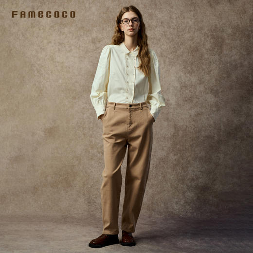 Famecoco通勤简约纯棉锥形休闲裤宽松显瘦窄版直筒裤FAC8GA035 商品图3