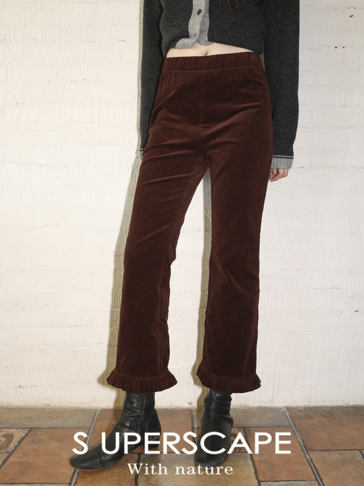 素舶 棉质灯芯绒英伦风木耳花边橡筋腰保暖秋冬9分裤休闲直筒裤