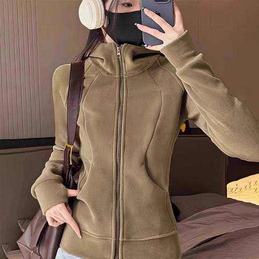 摇粒绒美式连帽卫衣外套女春秋款2025秋季新款抓绒衣收腰爆款加绒加厚修身百搭夹克衫 商品图2