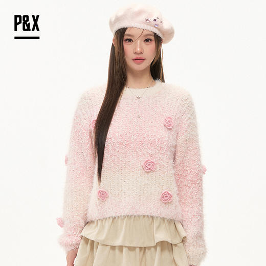 P&X设计师女装2025冬季保暖圆领女士温柔毛衣针织825418197 粉色 商品图0