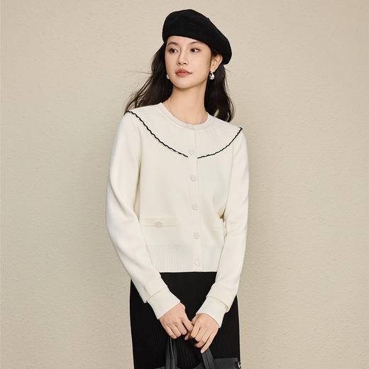 「自」全新升级【铂金会员321/天猫429/差价108】(02442)洛诗琳法式气质撞色荷叶领针织衫2025秋冬新款减龄羊毛开衫 商品图3