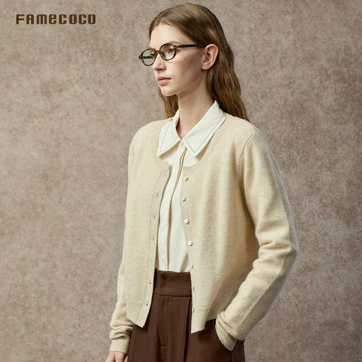 Famecoco极简圆领开衫优雅金线混织软糯羊绒针织衫外套FAC8DE006 商品图1