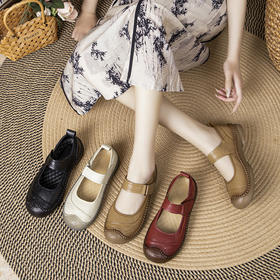 头层牛皮中老年浅口单鞋，手工复古风平底牛筋软底妈妈鞋MLD-5535