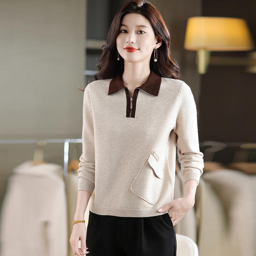 QF 105-1257翻领针织衫拼色宽松休闲毛衣 商品图2
