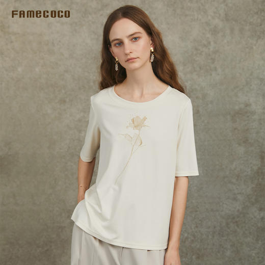 Famecoco范可儿高级感气质印花短袖天丝棉圆领T恤上衣FAC6BB006 商品图1