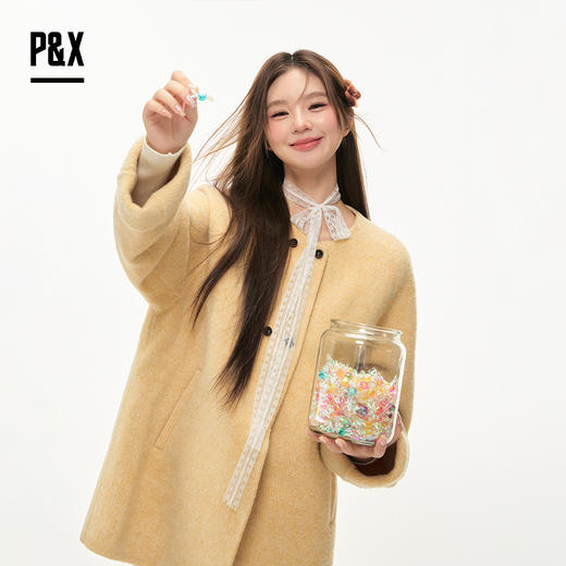 P&X设计师女装2025冬季无领女双面呢中长款大衣 825421115 黄色 商品图0