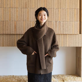 绽放625朵/荒野旅行外套·羊驼羊毛混纺开襟含围巾中长款毛呢外套