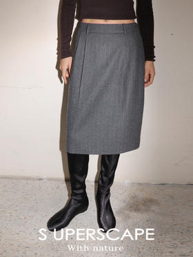 素舶 绵羊毛亚麻微茧廓形感条纹通勤时髦西装直筒半身中裙及膝裙