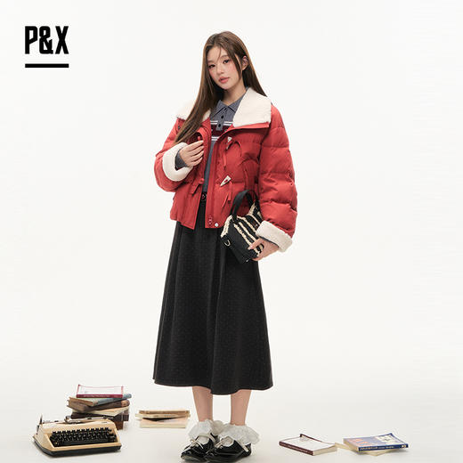 P&X设计师女装2025冬季X波点显瘦松紧带半身长裙825407096 深灰 商品图4