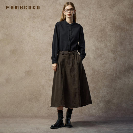 Famecoco休闲复古高腰半身裙宽松显瘦A字裙百搭纯色伞裙FAC8HA031 商品图4
