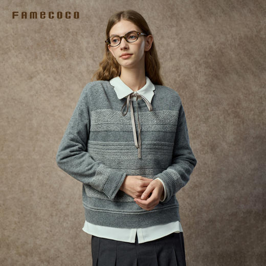 Famecoco复古撞色提花祖母风毛衣宽松慵懒圆领针织衫FAC8DB011 商品图3