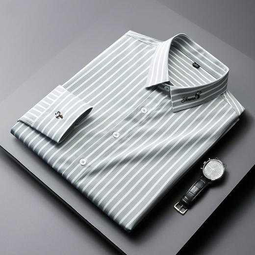 条纹衬衫男长袖潮流帅气韩版休闲款刺绣衬衣薄款夏款修身免烫休闲  YD-2036 商品图3