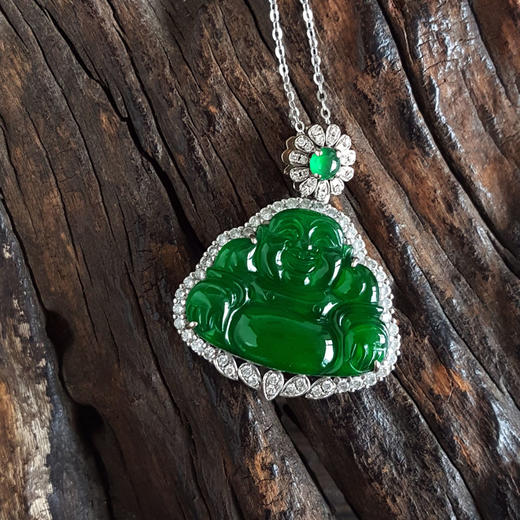 【天然正品】A货翡翠AU750白金镶钻镶天然细腻满绿冰种佛公翡翠吊坠项链链长：45CM（长度可调节）女士161025XY15现售价：8880 商品图3