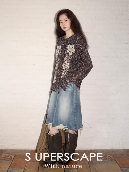 素舶 全棉磨破柔雾蓝水洗牛仔裙中长款流苏不规则下摆直筒半身裙 商品图1