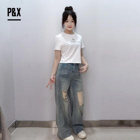 P&X设计师女装裤闲微潮破洞磨破阔腿高腰牛仔长裤 824210373 蓝色