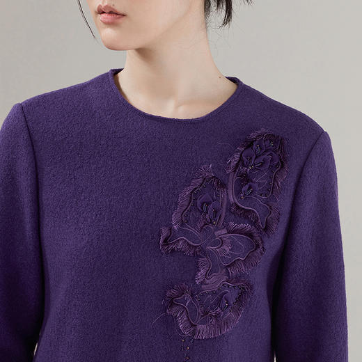 【林栖设计小店】绵羊毛连衣裙拼桑蚕丝手工花钉珠2025秋冬新款绣花长裙女1954034 商品图3