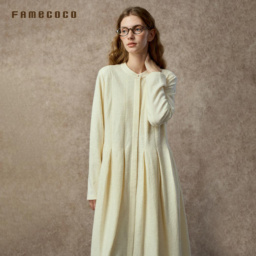 Famecoco简约经典肌理感羊毛开襟连衣裙中式圆领A字长裙FAC8FA017 商品图1