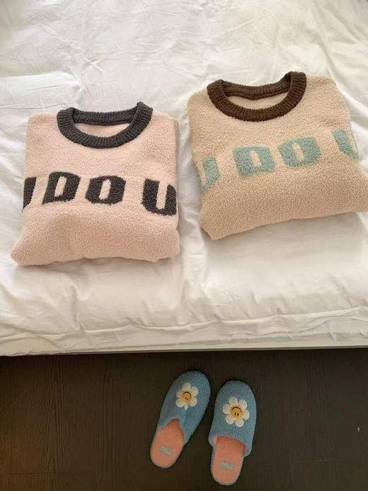 蓄热锁温~字母条纹秋冬加厚半边绒羽毛纱睡衣套装 可爱甜美家居服女 商品图4