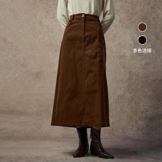 Famecoco范可儿文艺绣花H版型半身裙高腰显瘦显高长裙FAC8HA016 商品图0