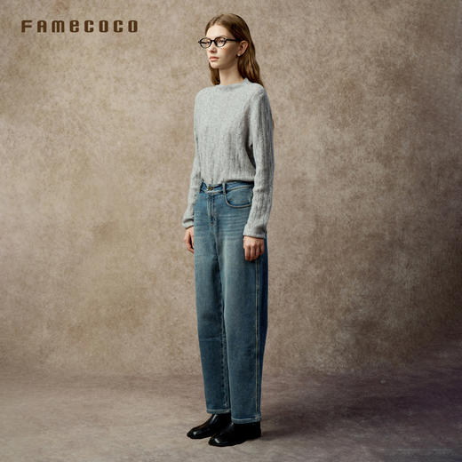 Famecoco复古做旧水洗牛仔裤宽松薄绒哈伦裤FAC8GA036 商品图4
