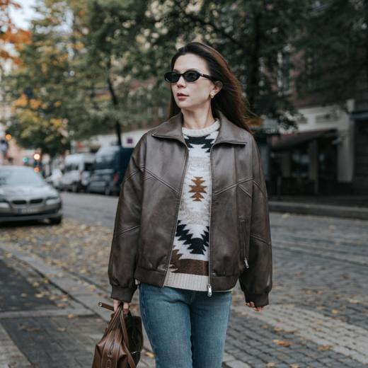 复古风PU夹克/MOiKKA/休闲百搭/时尚复古机车外套/春秋保暖皮衣外套【上海仓发货】 商品图3