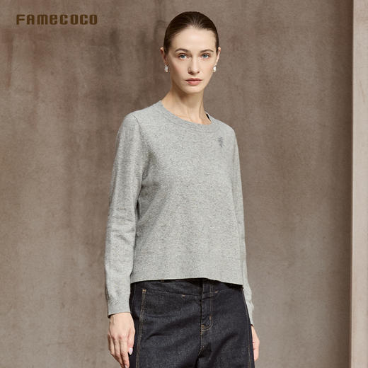 Famecoco静奢羊毛衫优雅刺绣圆领宽松百搭针织衫打底女FAC8DB006 商品图1