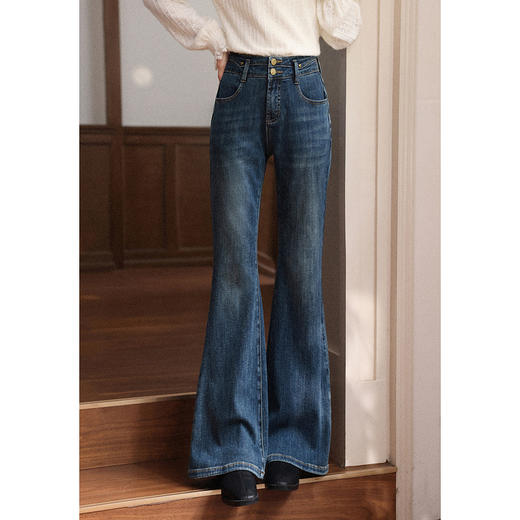 鹿向南「复古千金」深蓝色微喇牛仔裤秋季新款休闲显瘦通勤长裤女L58729 商品图0