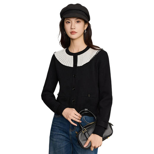 「自」全新升级【铂金会员321/天猫429/差价108】(02442)洛诗琳法式气质撞色荷叶领针织衫2025秋冬新款减龄羊毛开衫 商品图4