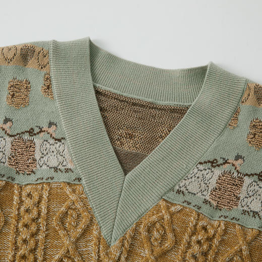 谜底V领套头针织衫长袖2025冬季新品复古原创图案毛衣女254MZ1873 商品图3