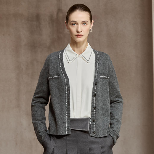 Famecoco优雅小香风V领短款开衫优质澳毛混纺针织衫外套FAC8DE001 商品图0