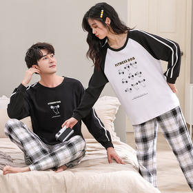 自然醒睦棉情侣家居服100%棉双面加厚长袖长裤套头睡衣QH