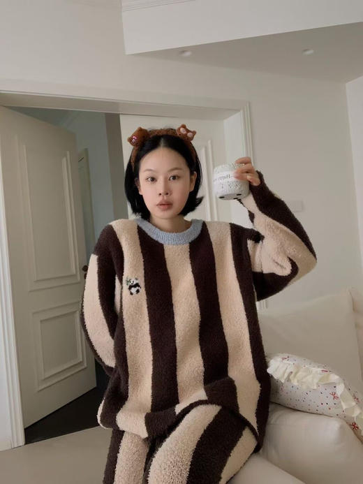 贴身暖宝宝～条纹小熊猫绵绵云朵加绒加厚慵懒家居服 半边绒睡衣套装 商品图6