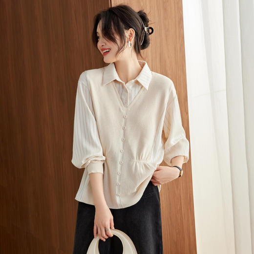 QF 99-2741时髦软糯假两件针织衫衬衫简约宽松上衣 商品图0