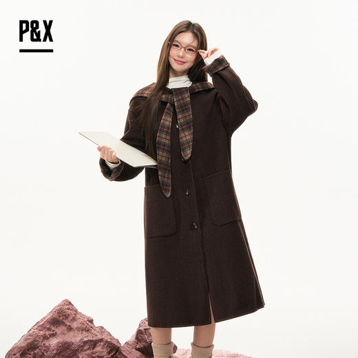 P&X设计师女装2025冬季双面呢长款学院风气质大衣 825421105 咖色 商品图0