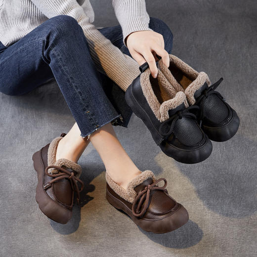 ZM 258718加绒保暖系带厚底休闲头层牛皮复古平底毛毛棉鞋 商品图0