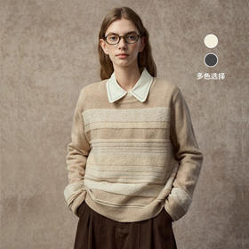 Famecoco复古撞色提花祖母风毛衣宽松慵懒圆领针织衫FAC8DB011