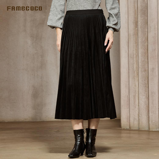 Famecoco立体高温压褶A字半身裙遮跨显瘦丝绒百褶裙FAC8HA024 商品图1
