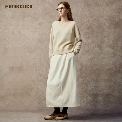 Famecoco新中式改良盘扣显瘦压褶A字毛呢高级感半身裙FAC8HA022 商品图3