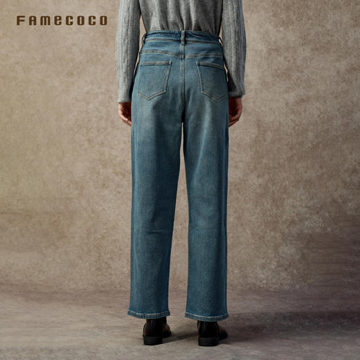 Famecoco复古做旧水洗牛仔裤宽松薄绒哈伦裤FAC8GA036 商品图3