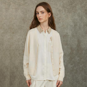 Famecoco范可儿文艺气质暗纹勾花V领拼接羊毛针织开衫FAC6DE002