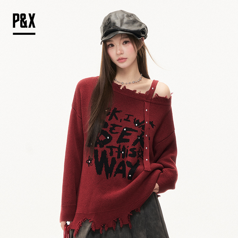 P&X设计师女装2025冬季慵懒风时尚中长款毛衣  825418190 红色